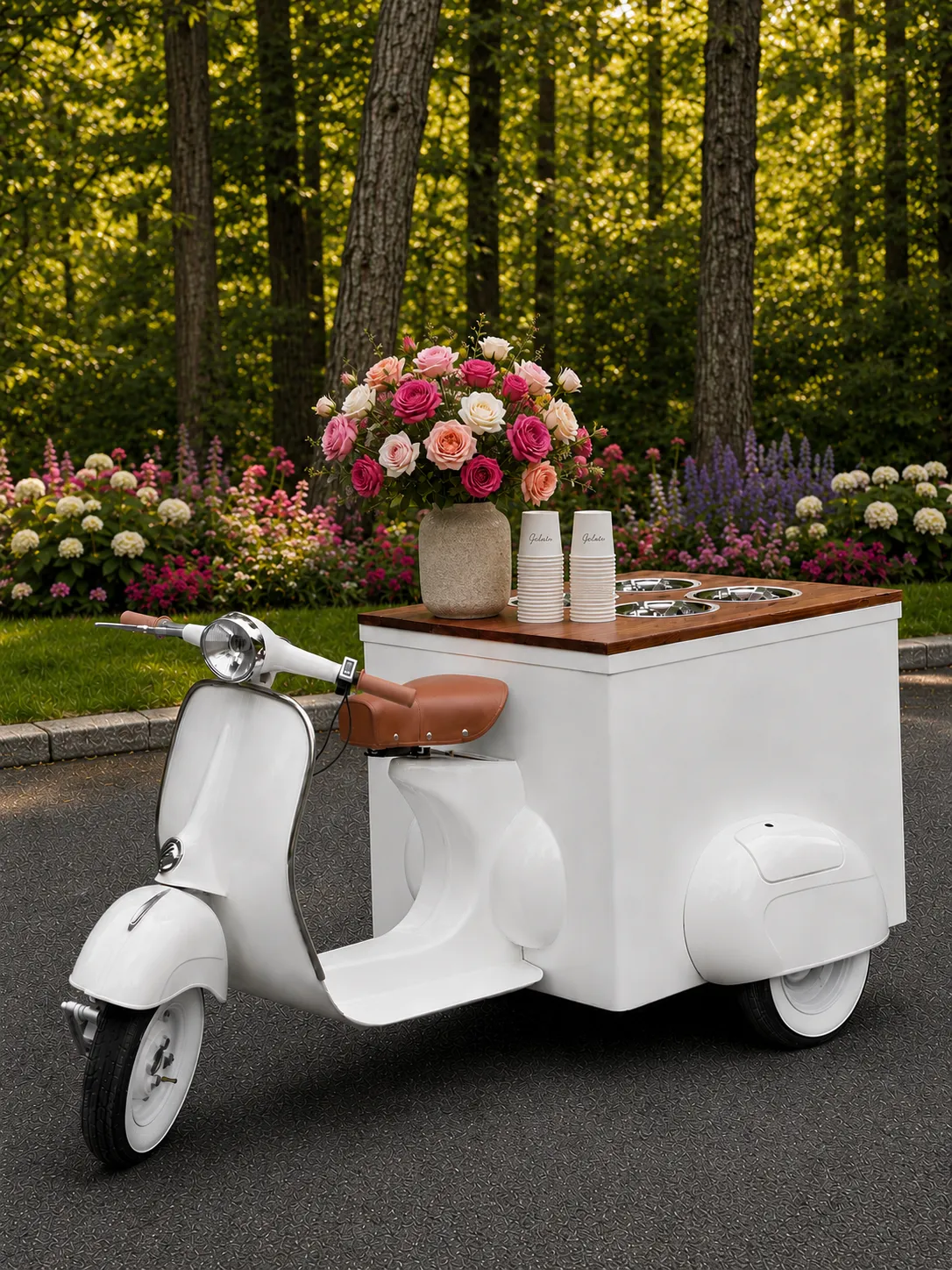 delini gelato vespa bar with flowers