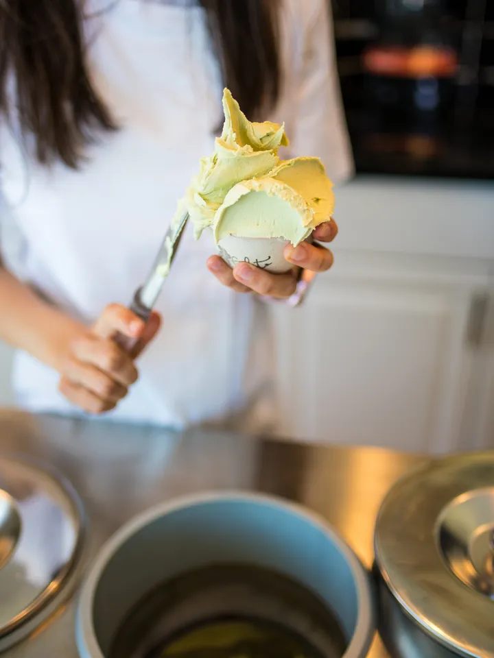 Viki Petkova serving gelato at a catering event