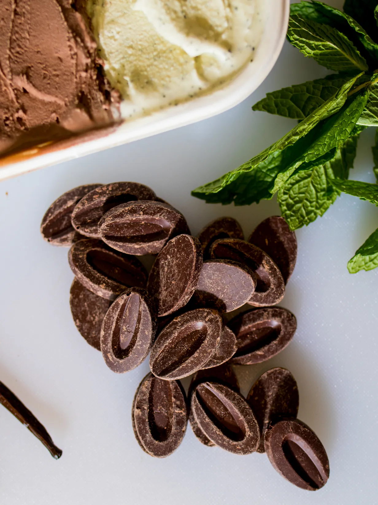 A large to-go container next to fresh mint, Valhrona chocolate and organic Vanilla